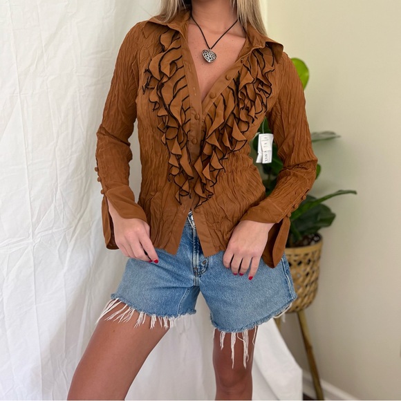 Vintage Rust/Brown Ruffle Long Sleeve Blouse - Picture 2 of 6
